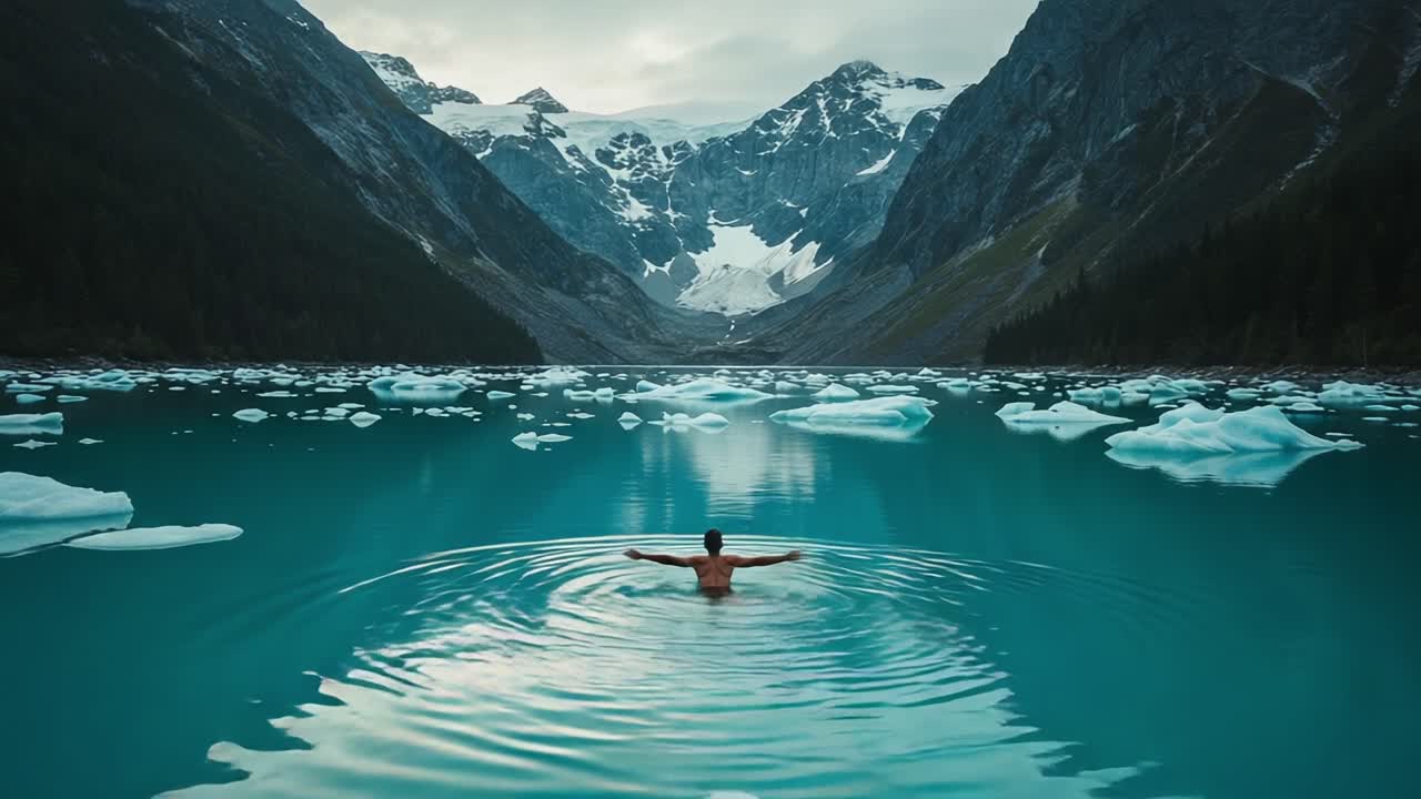 En rolig rejse gennem forfriskende farvande: Udforskning af den krystalklare gletsjersø omgivet af majestætiske bjerge og flydende is i et fredfyldt naturparadis