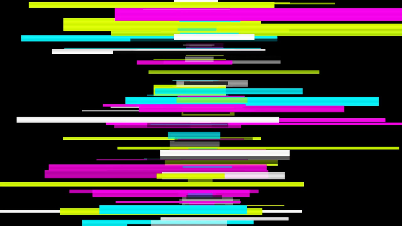 Digitaler Glitch-Effekt mit bunten horizontalen Linien auf schwarzem Hintergrund.