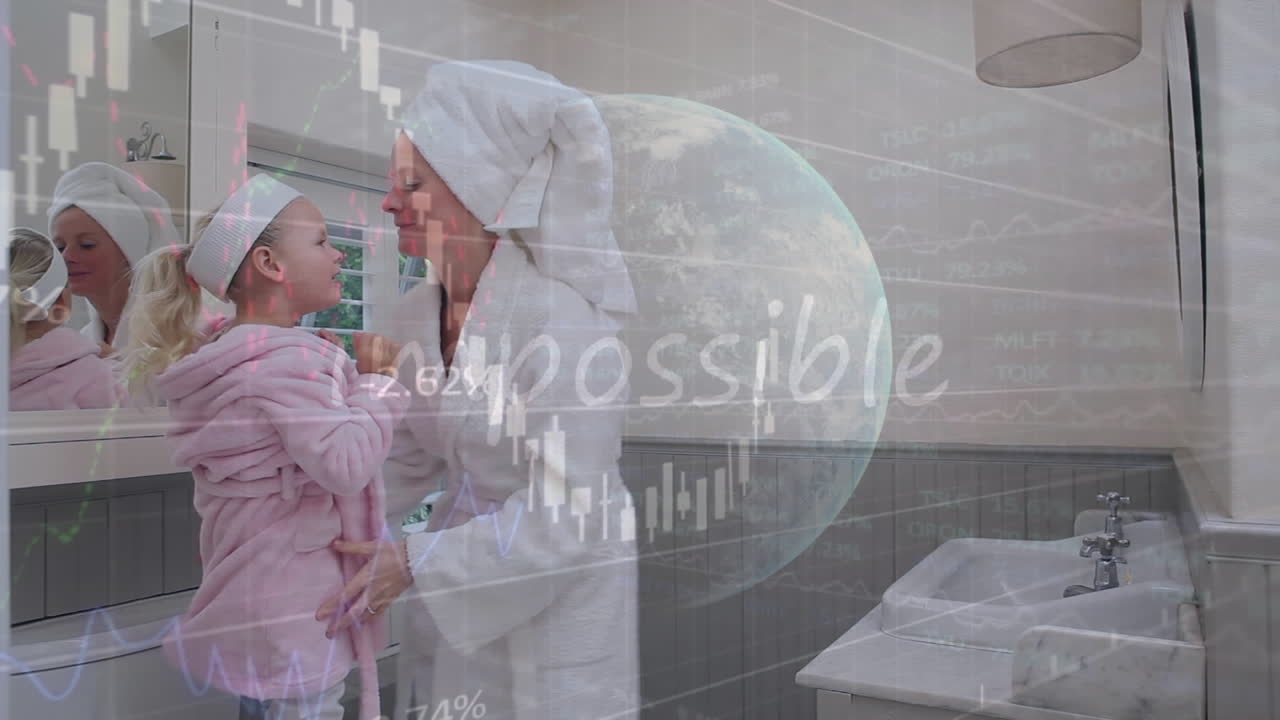 데이터 프로세싱의 애니메이션과 그녀의 딸과 함께 백인 여성에 대한 지구