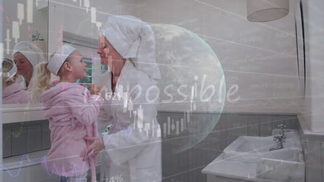 animation of data processing and globe over caucasian woman with her daughter