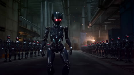 army of dark robots with glowing red eyes in an industrial facility