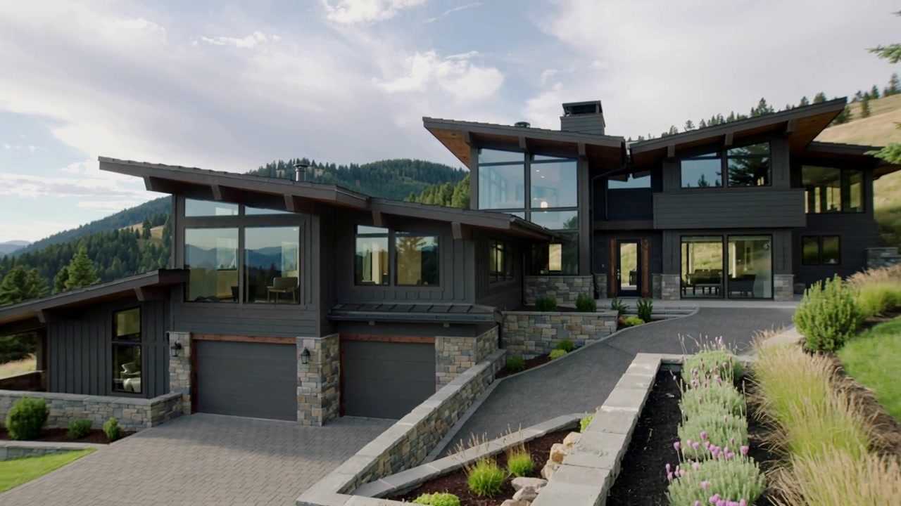 Panning camera revealing modern hillside house, exposing garage doors and terraced lavender beds
