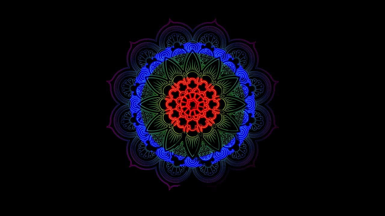 mandala abstract ornamento multicolor de neón línea de movimiento. 4k patrón de video mandala de la india.