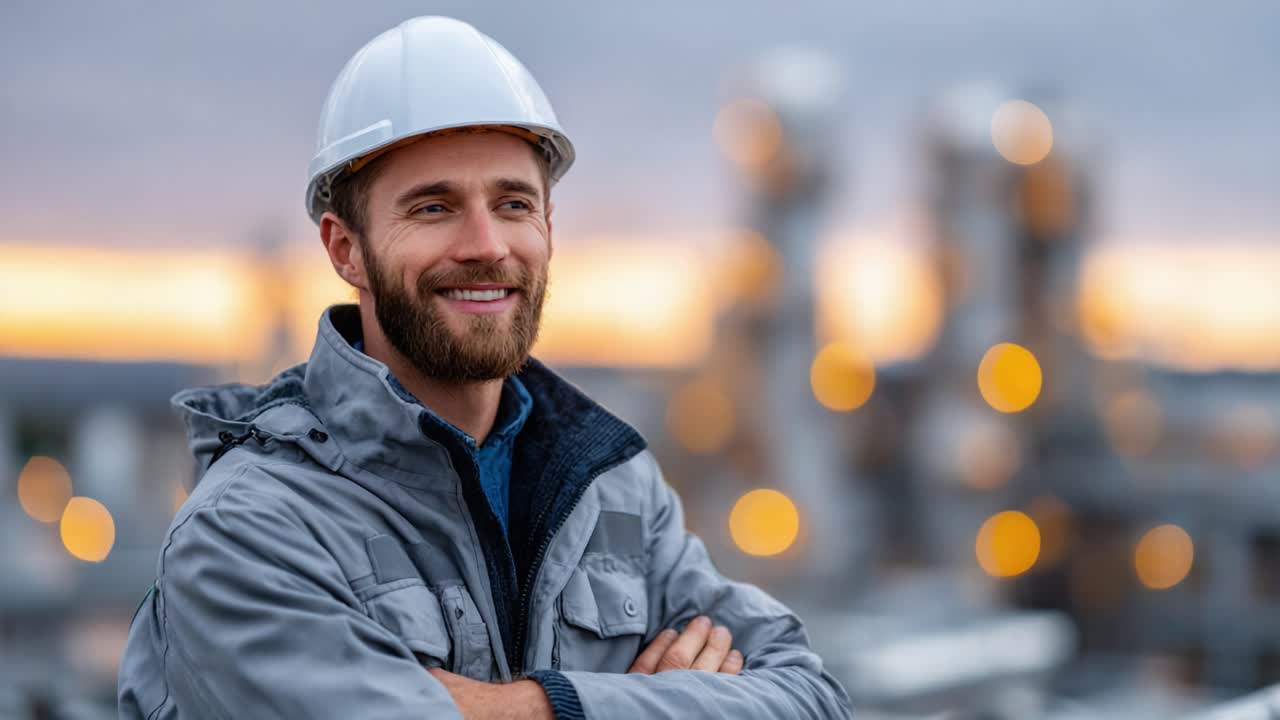 A Confident Construction Worker in Safety Gear Smiling Against a Backdrop of Industrial Architecture and Soft Evening Lights