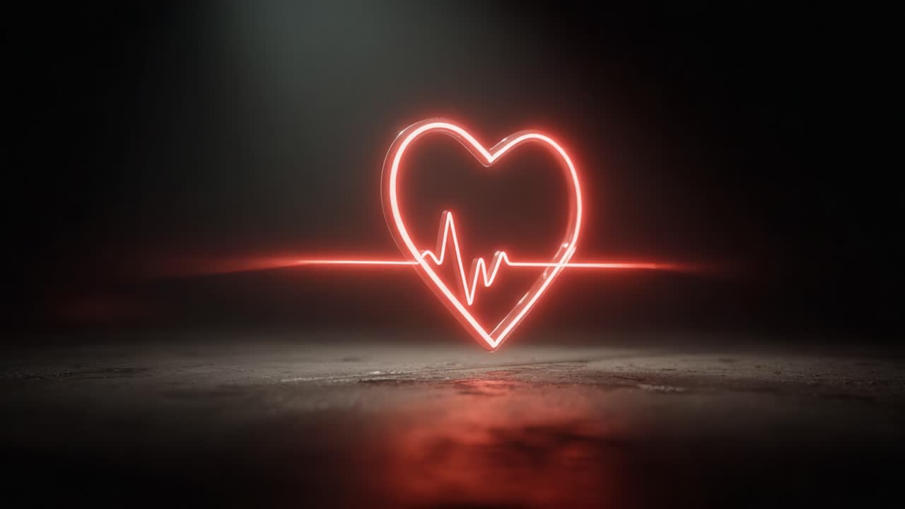 Heartbeat Rhythm in Neon Glow: Captivating Visualization of Pulsating Love and Emotion Through an Iconic Heart Shape with a Dynamic Pulse Line