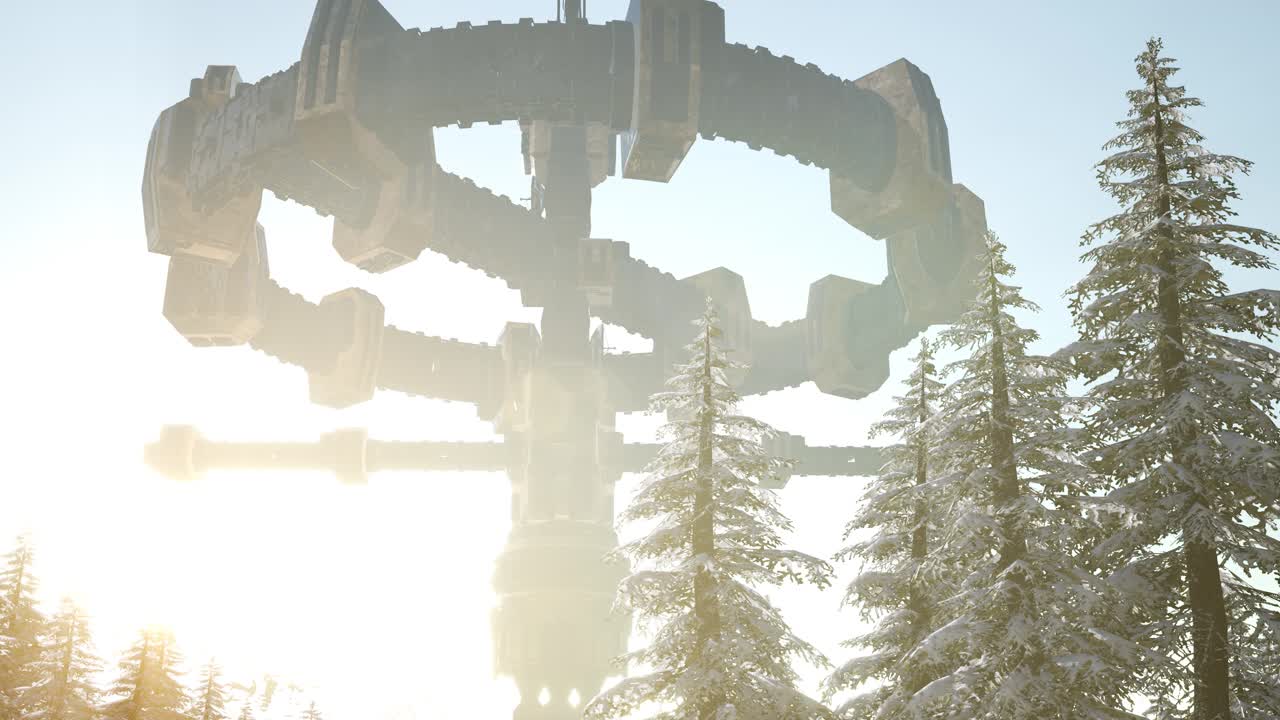 해가 지면서 숲 위를 떠다니는 ufo와 함께 빛의  ⁇