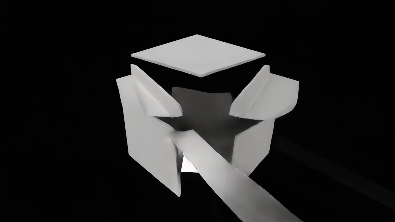 Animación 3D de una cuchilla de metal cortando un cubo blanco