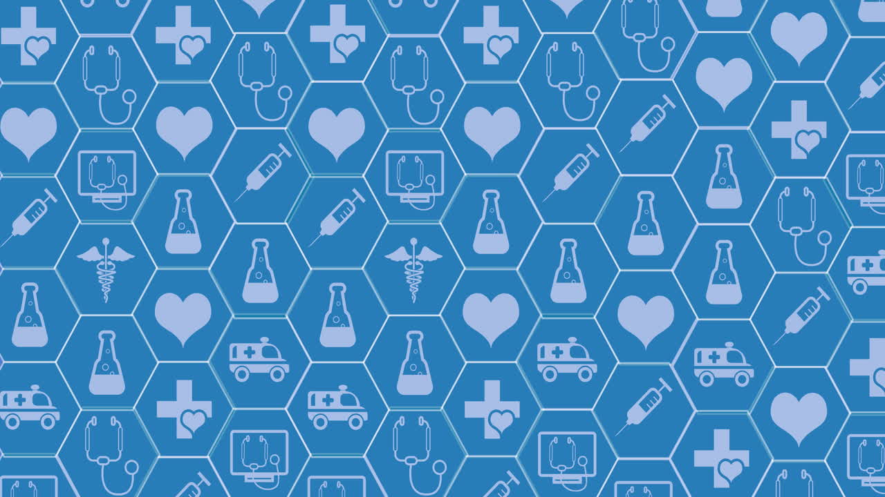 Animação de ícones médicos sobre fundo azul