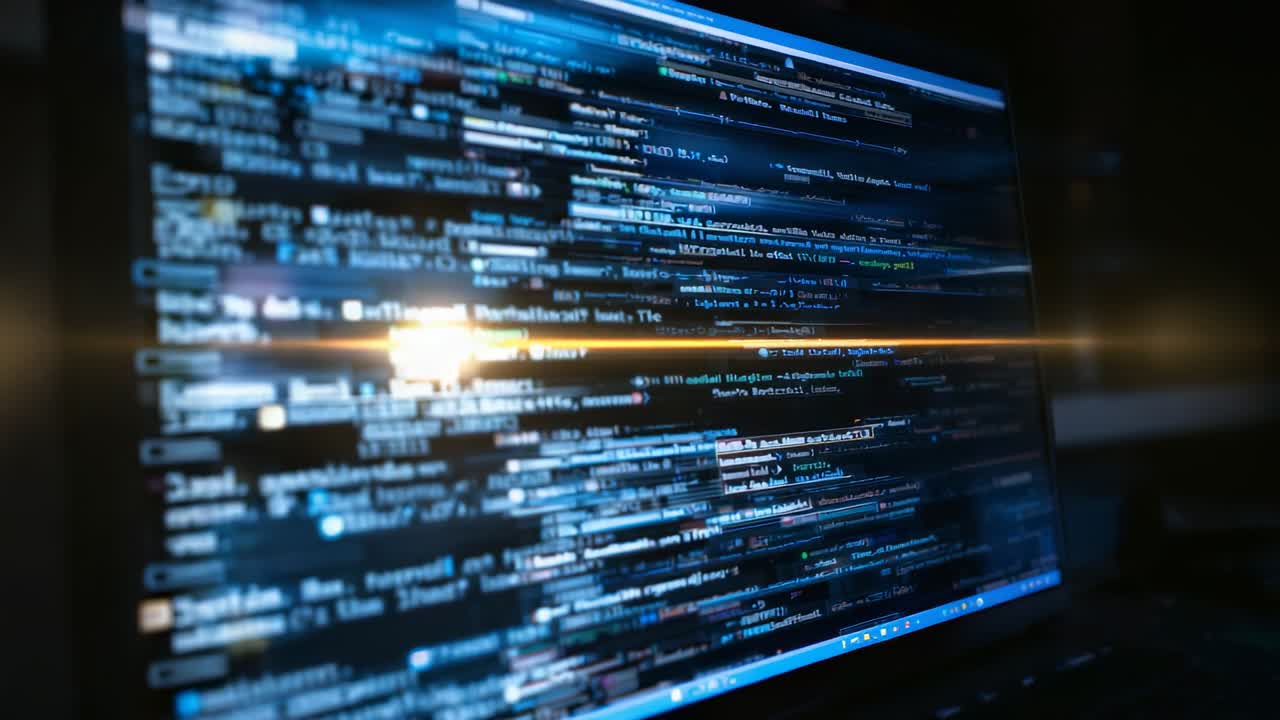 Яркая вспышка на широкоэкранном мониторе на темном столе, синие полосы интерфейса выделяют строки кода
