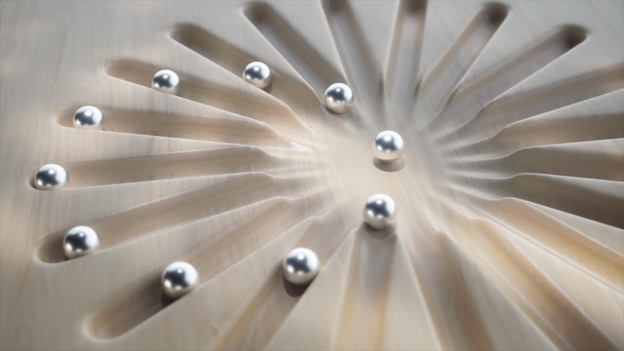 금속 공을 가진 추상적인 목조 디자인