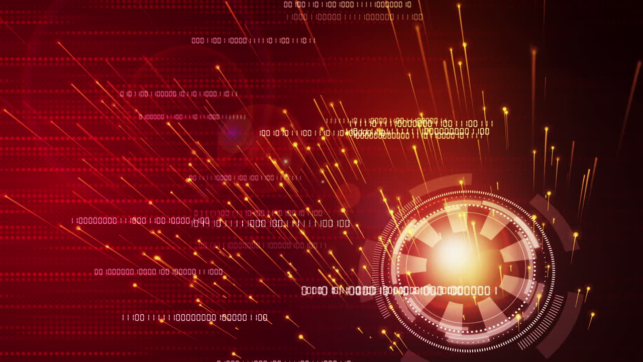 Glowing animated HUD element emitting bright rays. Movement of digits of computer binary code. Technological looped red background.