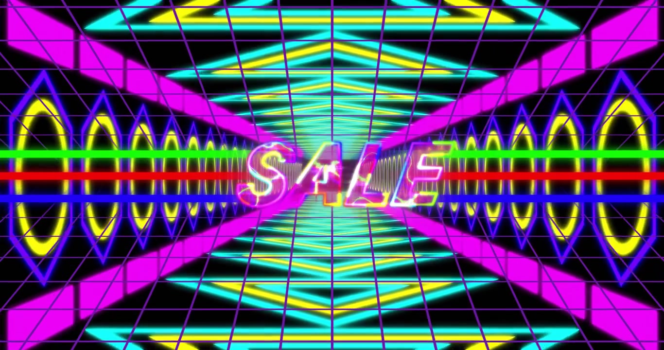 Scritta "SALDI" al neon che svanisce, con linee di scansione glitch, tunnel a spazzata, spostamento di tonalità, effetto pulsante, per promozione potenziata