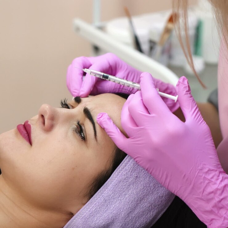 Young beautiful dark-haired woman gets rejuvenating facial injections. Work of the cosmetologist. Aesthetic cosmetology.