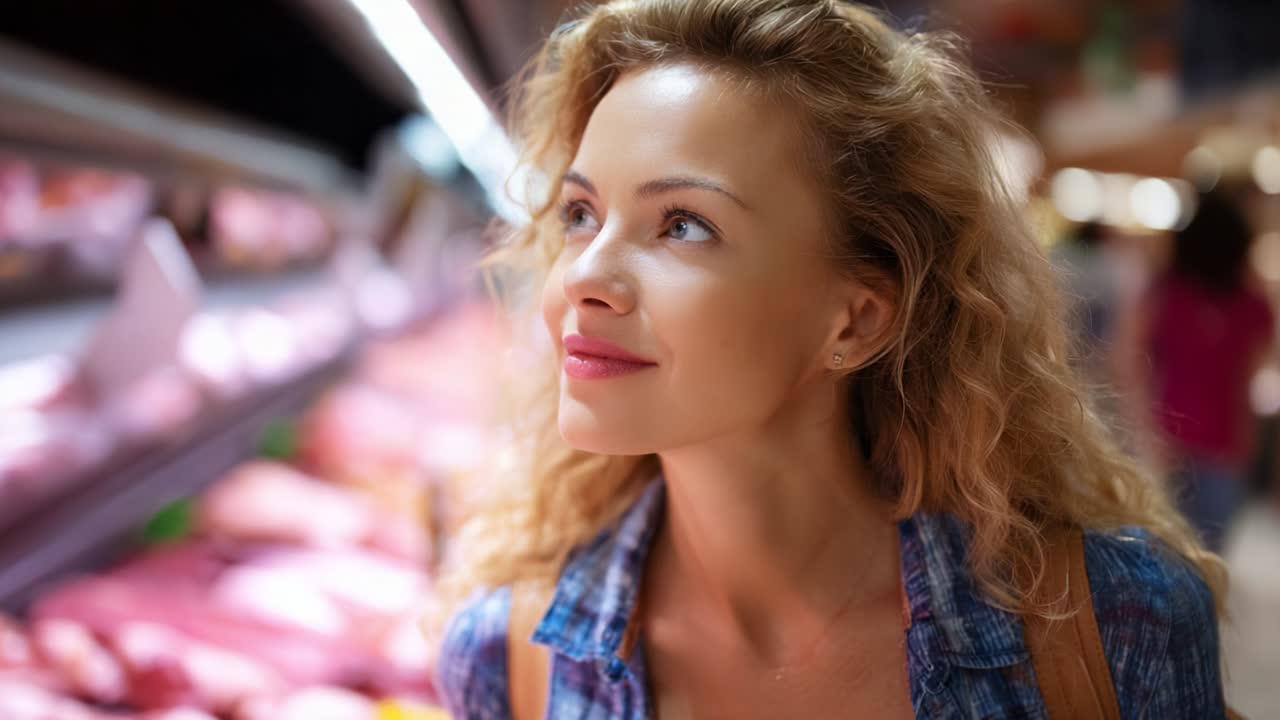 A Young Woman Enjoys the Experience of Shopping in a Grocery Store, Focusing on the Fresh Meat Selection While Embracing the Ambiance and Savoring the Delicious Aroma Around Her