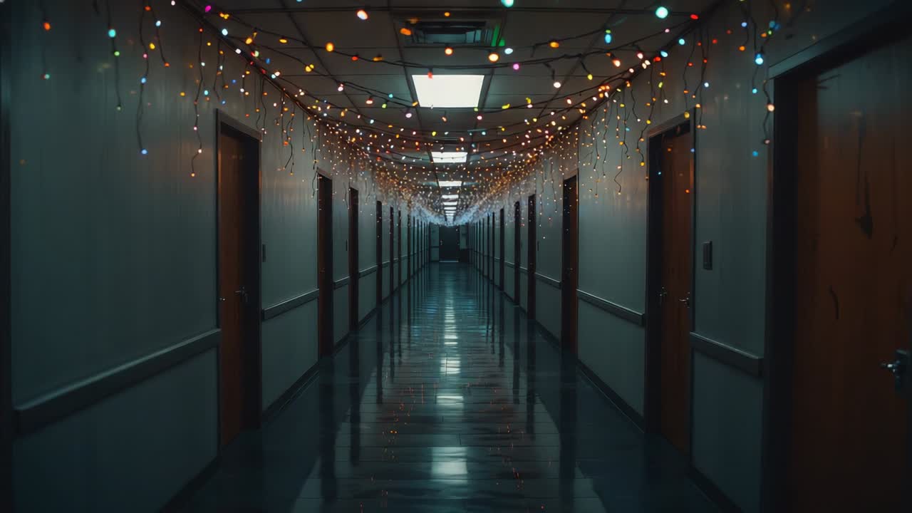 Scene start moving camera advancing down lit hallway revealing wooden doors, bright string lights