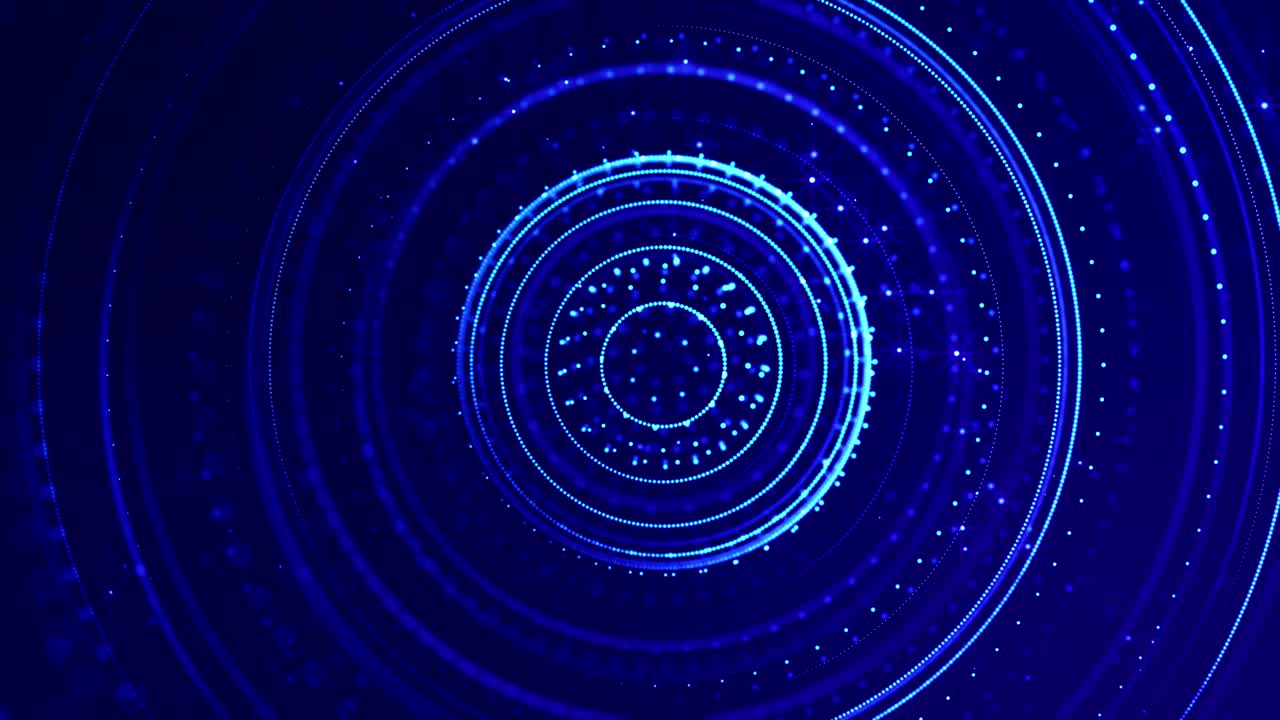 Glow blue particles form lines, surfaces, complex round structures in smooth motion like in microworld or space. 4k looped sci-fi particle background with bokeh and light effects.