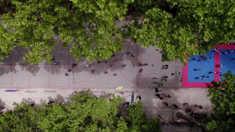 Birds-eye-view-of-people-playing-basketball-and-judo-for-the-Olympic-Games