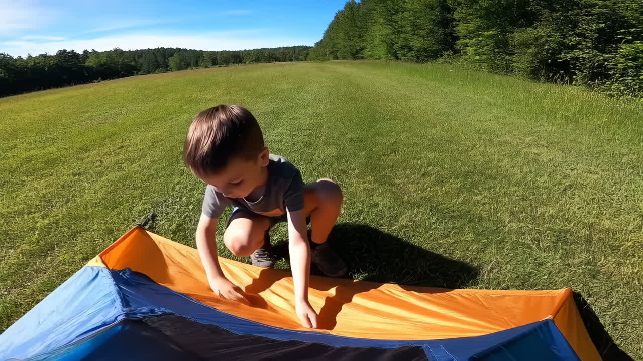 Young boy setting up a tent in a sunny field