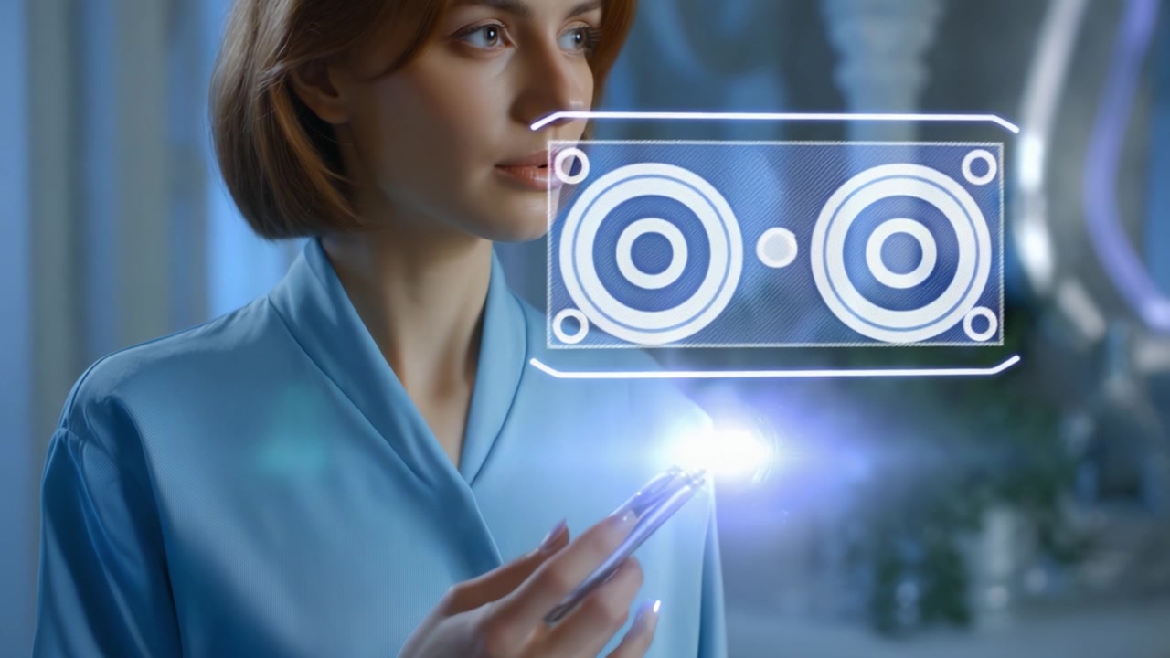 Una donna in vestaglia blu tiene in mano un dispositivo futuristico che emette una luce brillante, mostrando il suo fascino per la tecnologia avanzata e l'innovazione digitale.