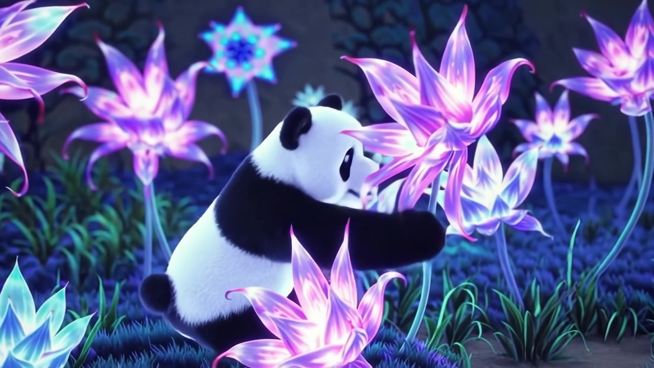 Panda carino con fiori magici luminosi nella foresta incantata