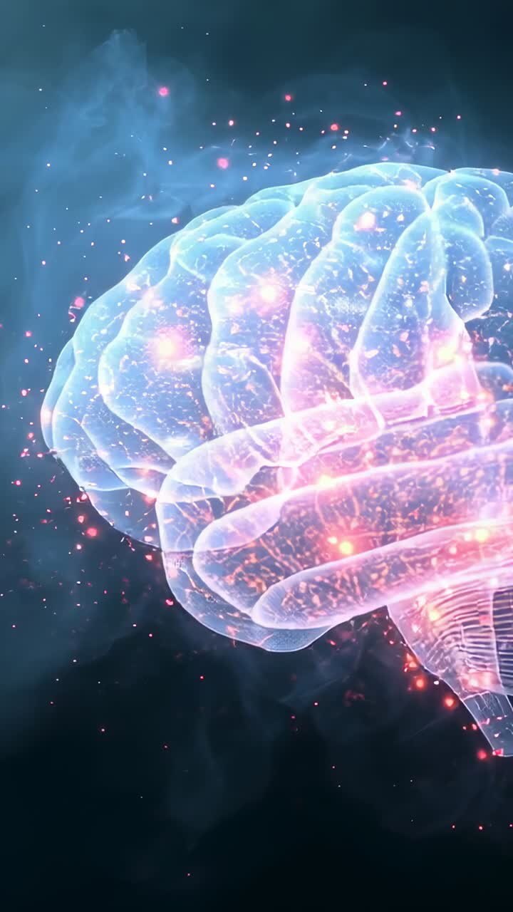 Vertical video: Appearing holographic brain rotating in mist, emitting glowing sparkles, copy space