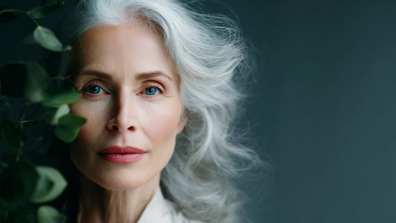 A Majestic Portrait of Graceful Maturity: Showcasing the Timeless Beauty of a Woman with Silvery Hair Framed by Lush Greenery, Captivating with Her Striking Blue Eyes and Serene Expression