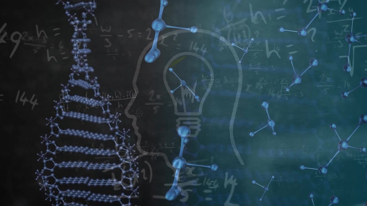 Animazione di molecole, DNA, profilo umano e dati scientifici su sfondo blu.