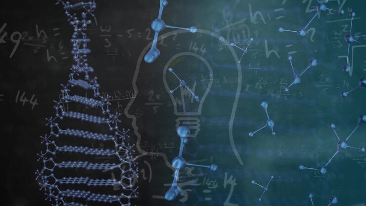 Animazione di molecole, DNA, profilo umano e dati scientifici su sfondo blu.