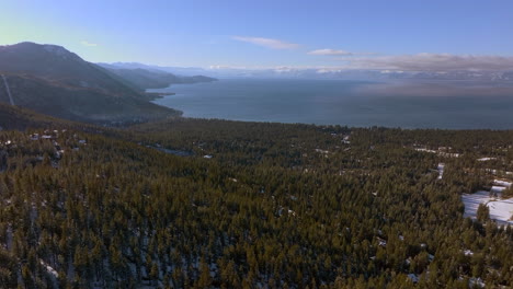 Flyover-Douglas-Fir-trees-and-towards-Lake-Tahoe-in-Nevada-on-a-gorgeous-winter-day