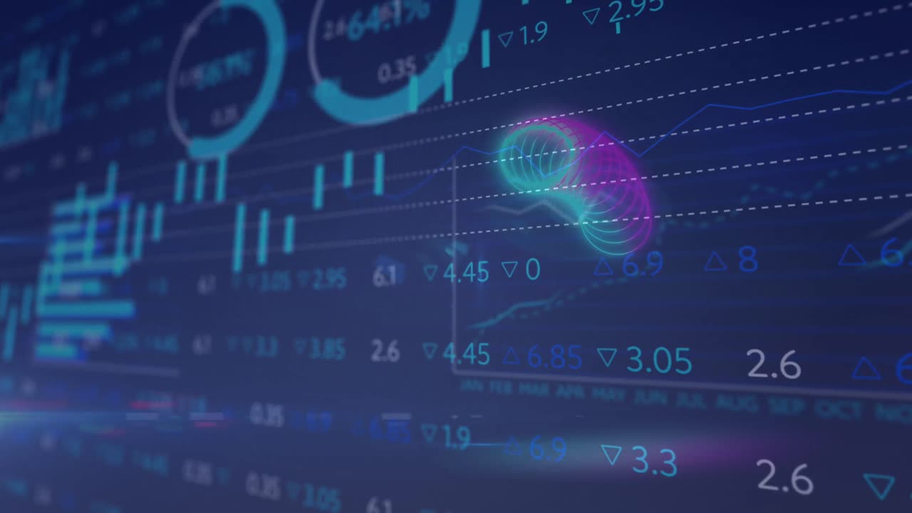 animación de círculos en pantalla digital con gráficos y datos financieros