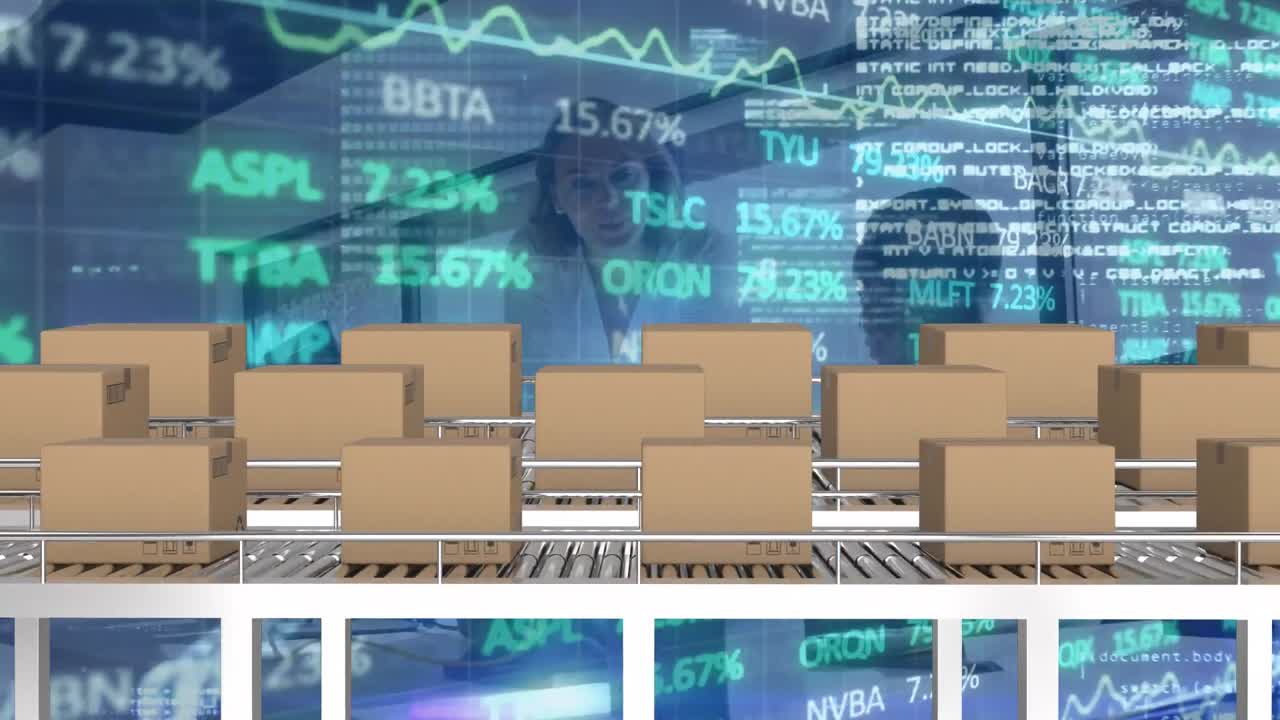 컨베이어 벨트에 배달 상자에 대한 주식 시장 데이터 처리의 애니메이션