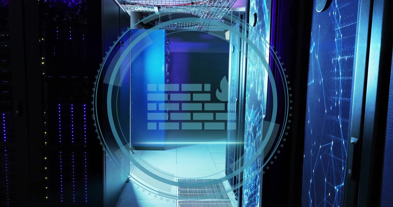 Launching Cyber Security text, pulsing HUD rings morphing into firewall icon scanning server racks