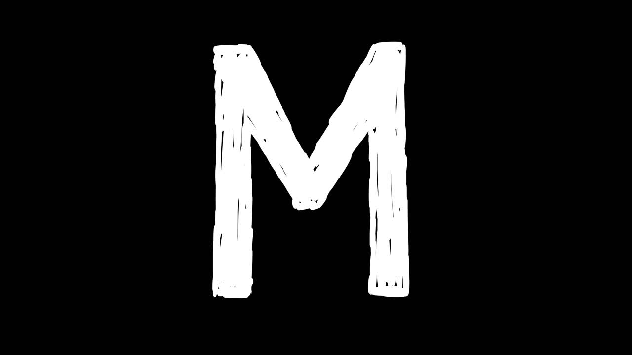 Lettre M blanche animée dessinée à la main sur fond noir