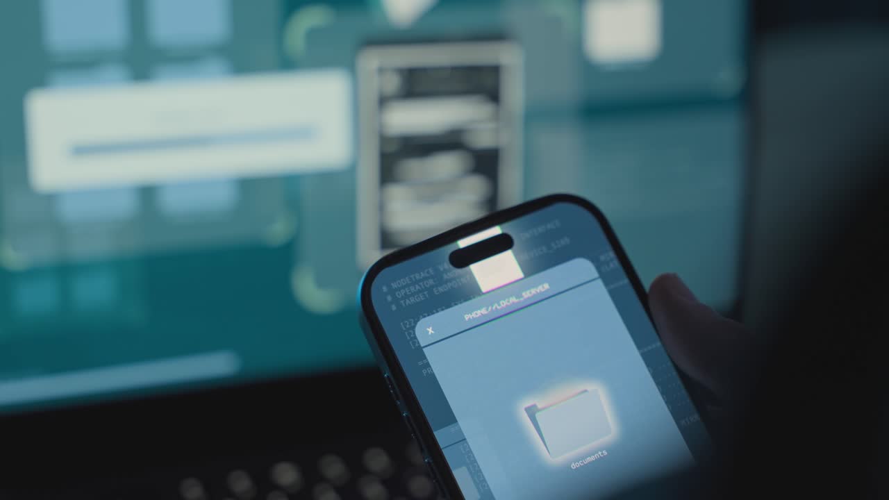 Smartphone showing file transfer or upload interface with laptop screen in background. Hacking, data exfiltration, unauthorized file transfer, cybercrime, information theft, and digital espionage