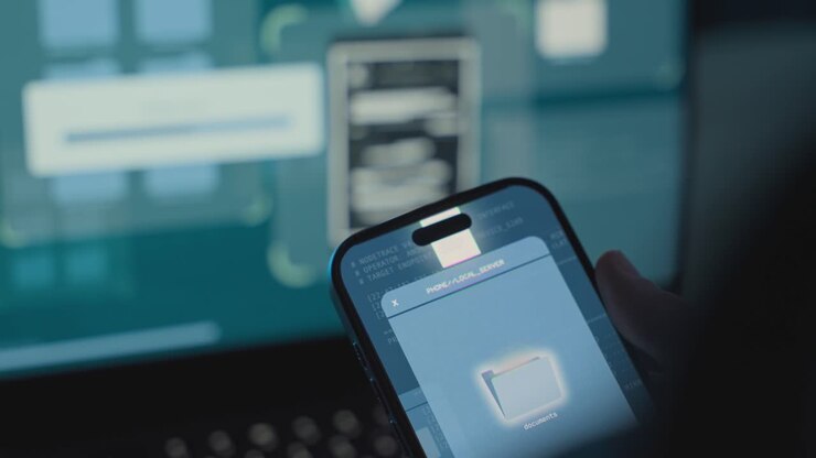 Smartphone showing file transfer or upload interface with laptop screen in background. Hacking, data exfiltration, unauthorized file transfer, cybercrime, information theft, and digital espionage