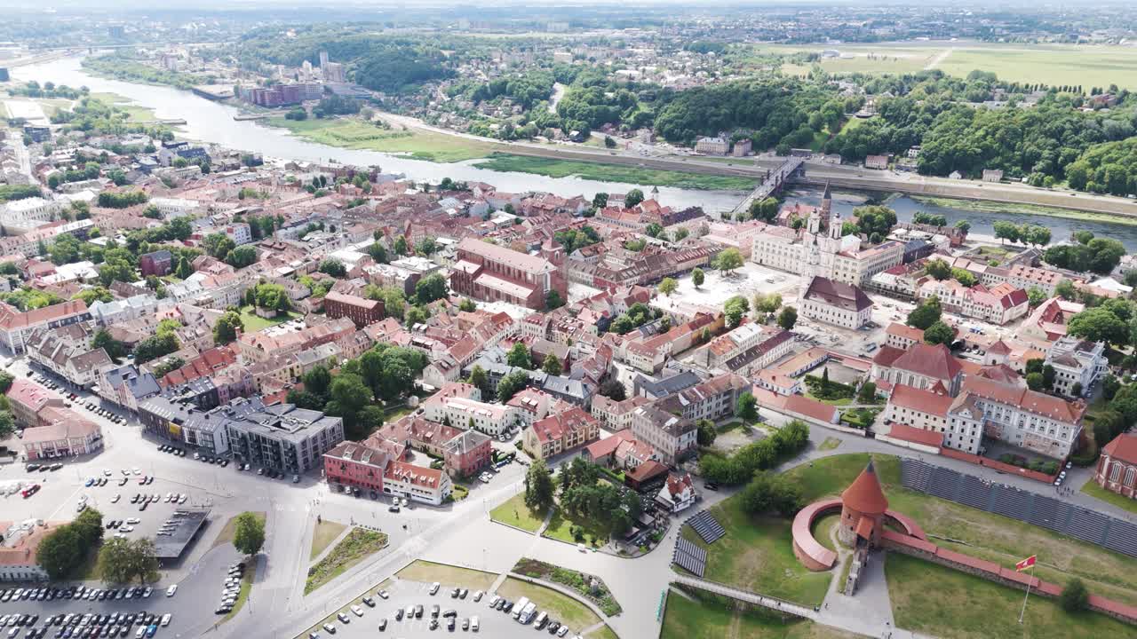 Kaunas city oldtown and castle, aerial panoramic orbit view