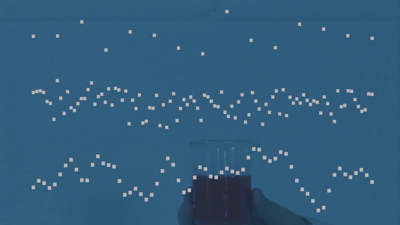 컵에 액체를 는 과학 데이터 처리 애니메이션 파란색 배경