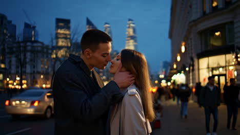 couple kissing on a city street at night