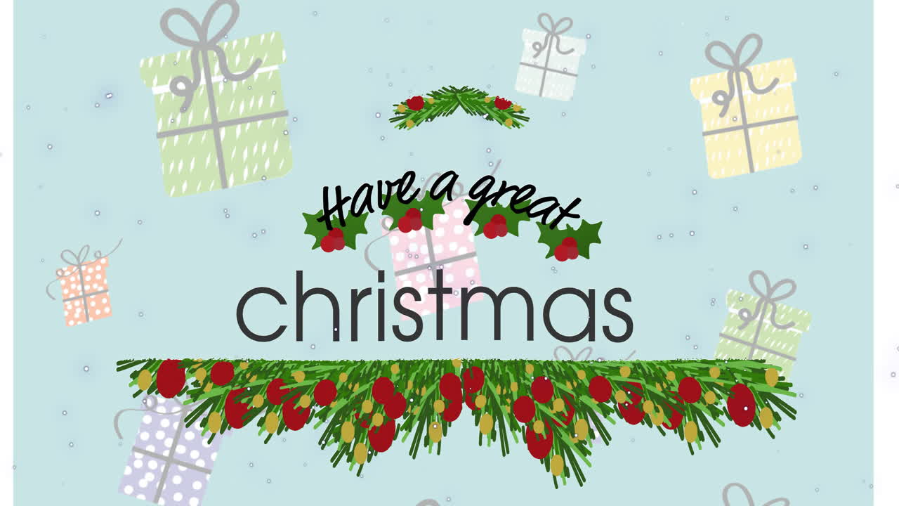 Animation of have a great christmas text over snow and presents on blue background