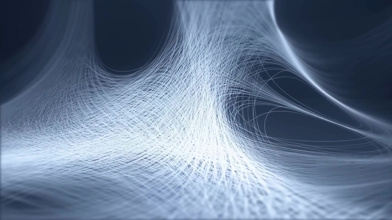 Dense field of fine white filaments flows in layered woven mesh across foreground, rising into brighter curved peak and arching tunnel slightly right of center with cool blue backdrop