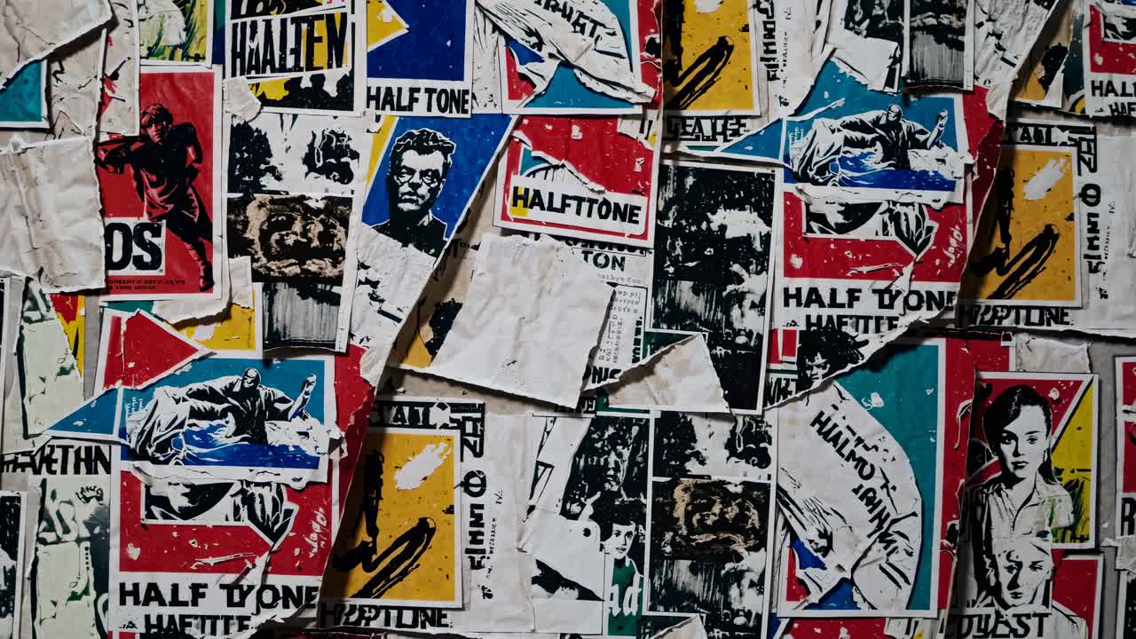 A close-up of a wall covered in vintage posters with a grunge aesthetic, creating a retro video