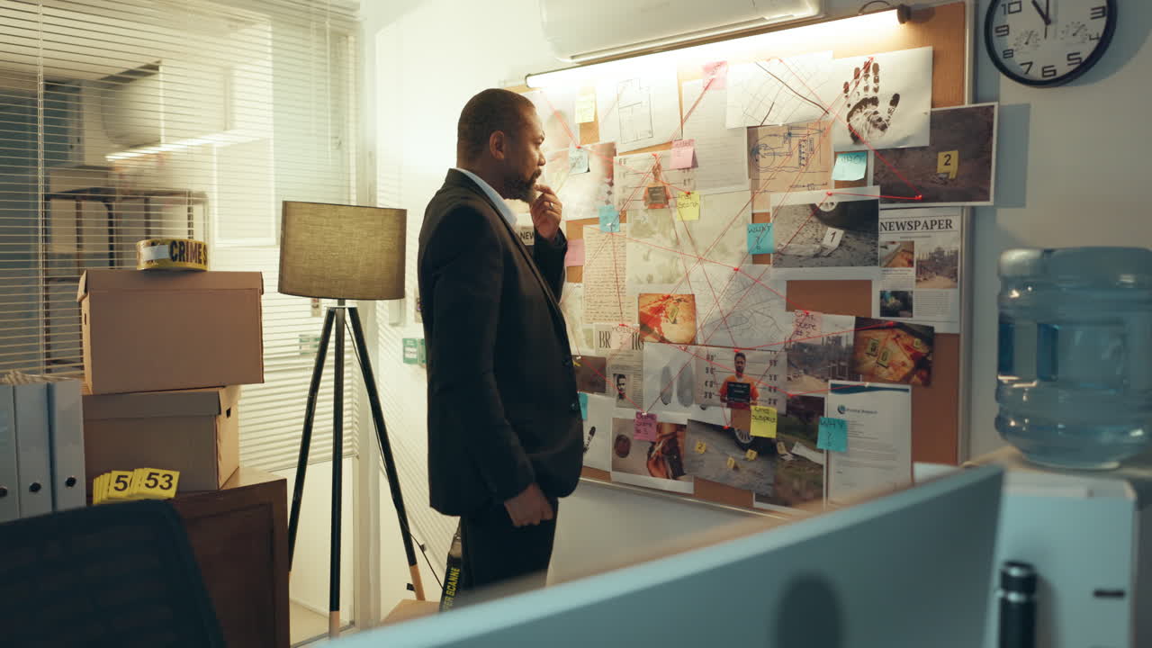 Detective working on a crime board in an office