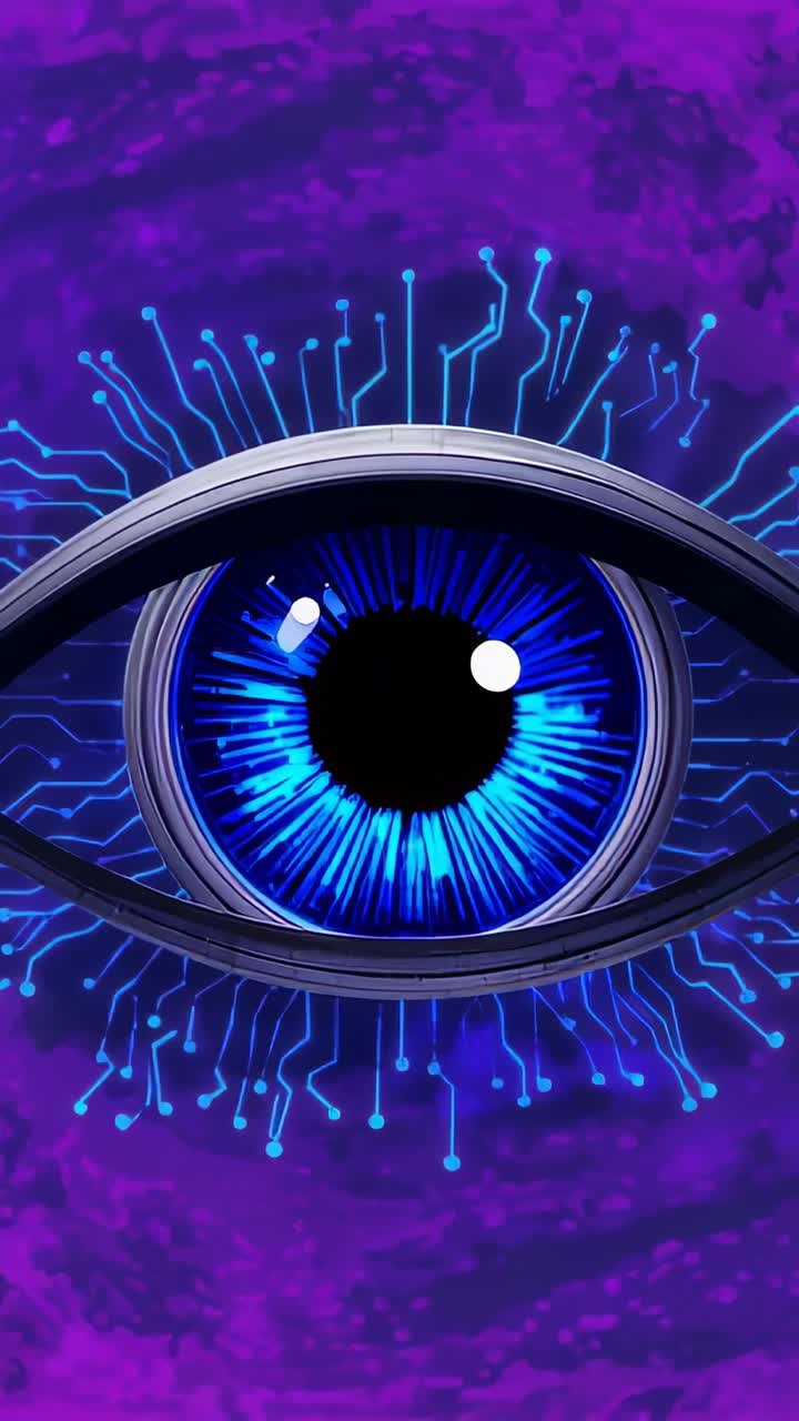 Vertical video: Pulsing cyber eye after light shift, narrowing pupil and shifting rings at nebula