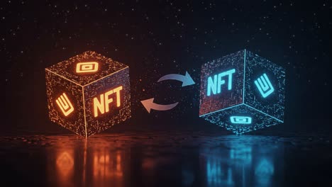 dynamic exchange between two futuristic nft cubes showcasing blue and orange light effects in a high-tech digital environment