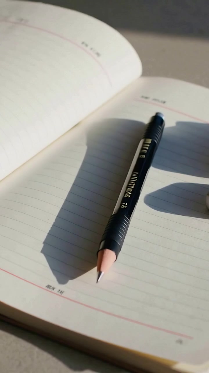 Video verticale: Sollevando una pagina di libro arricciata che rivela una matita meccanica sulla scrivania, con punta rosa e gomma