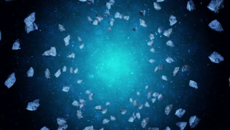 flying many asteroids in deep space background. broken splash explosion. the starry sky. 3d animation of meteorites rotating. loop animation.