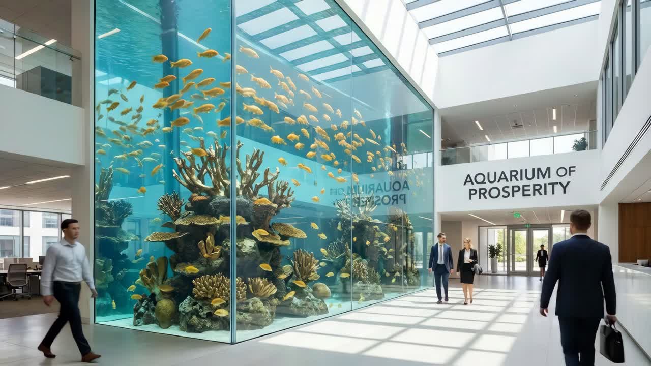 Acuario de la prosperidad en el vestíbulo de una oficina
