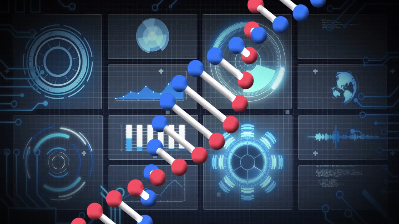 DNA strand and binary coding, processing scientific data in animation