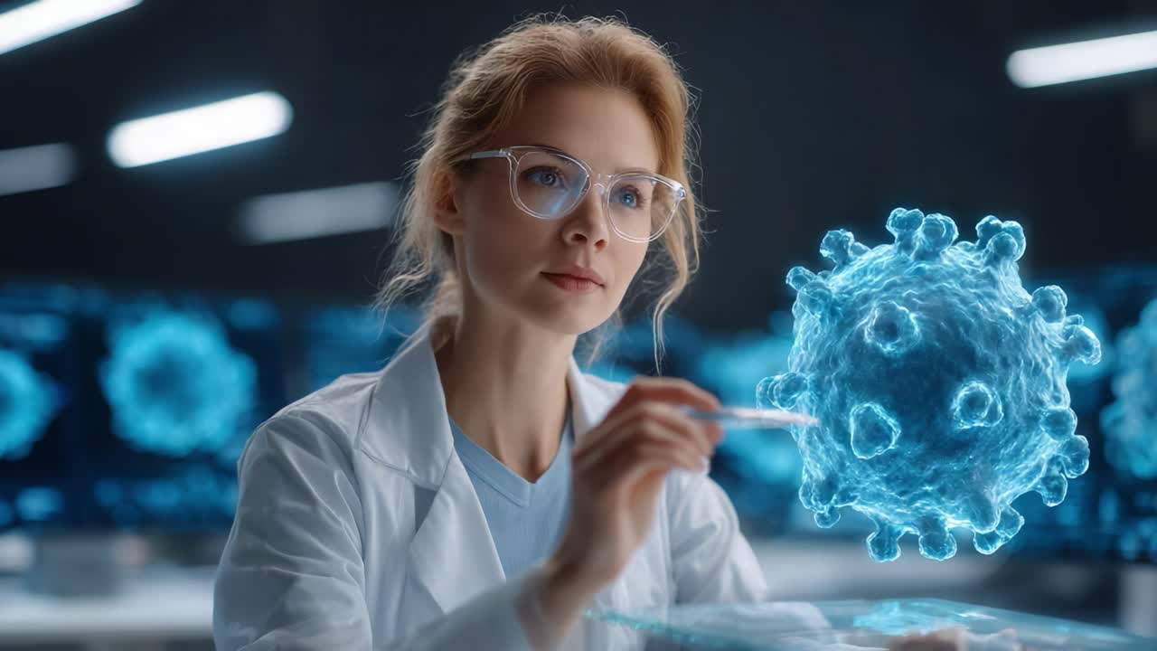 Uno scienziato analizza un rendering in 3D di un virus in un ambiente di laboratorio high-tech, mostrando tecniche di ricerca avanzate nella scienza e nella medicina moderne