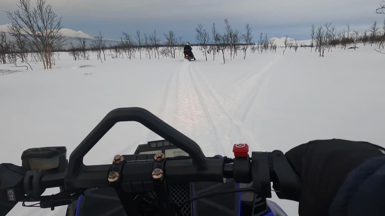 노르웨이에서 겨울에 아침에 나무 경계를 건너 눈 자전거 타기